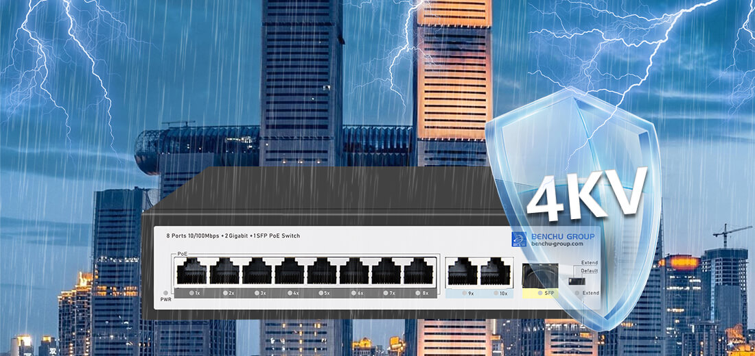 8 port 10/100m poe switch with 1 gigabit sfp Lightning Protection