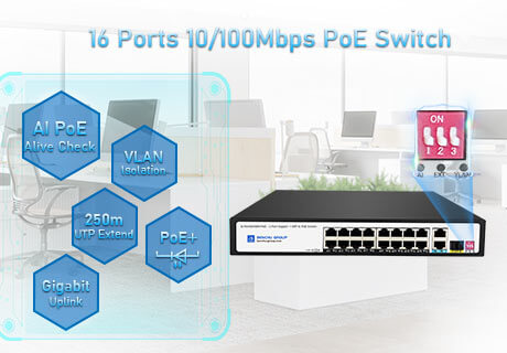 16 منفذا غير مدار PoE + المحول ، مع 2 جيجابت RJ45 و 1 جيجابت SFPUplink ، SP5210-16PFE2GE1GF