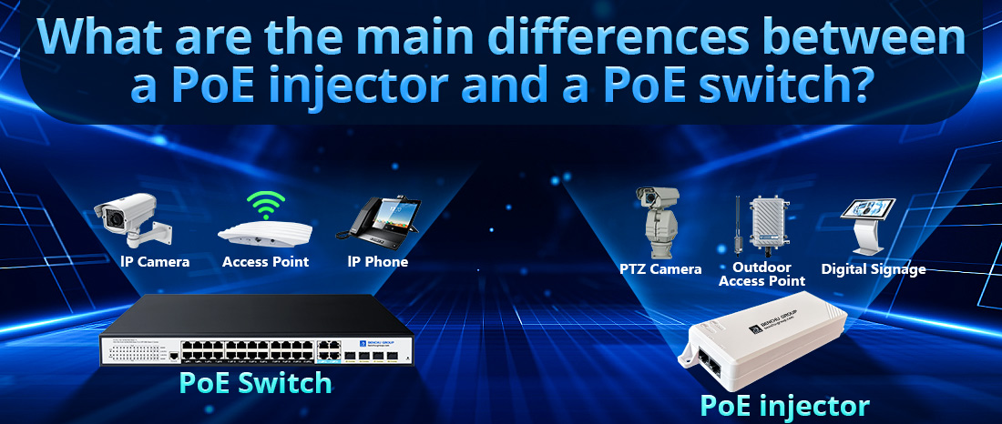 What are the main differences between a PoE injector and a PoE switch