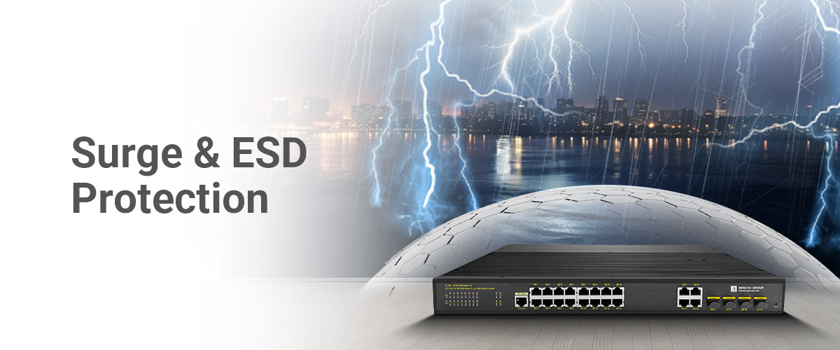 16 port industrial PoE switch includes advanced protection against electrical surges and electrostatic discharge (ESD)