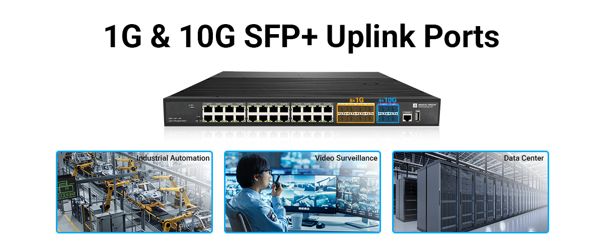 24-port PoE industrial switch has 8 1G SFPs and 4 10G SFP+ uplinks