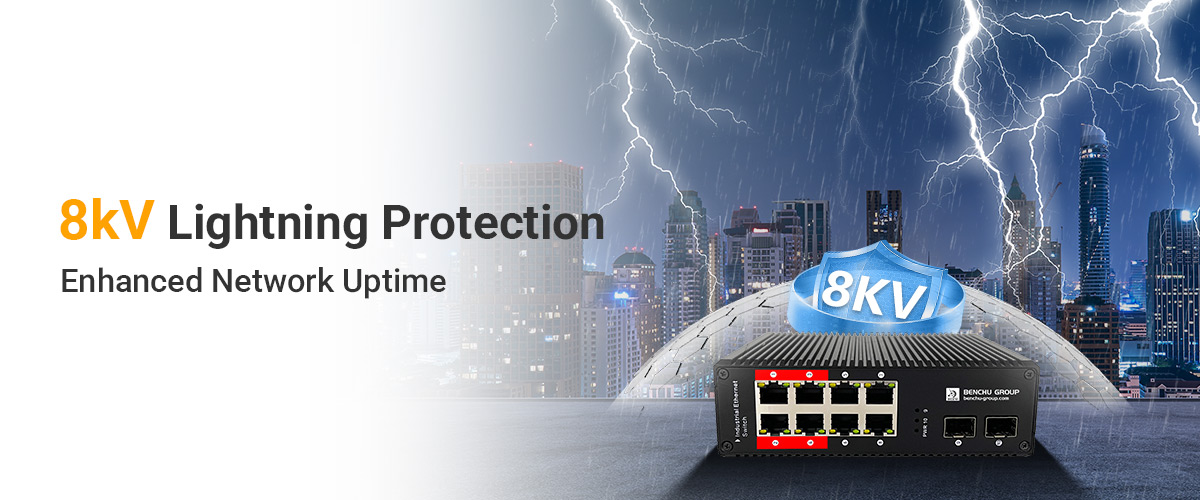 8 Ports Gigabit Industrial UPoE+ Switch SP7211-8PGE2GF-4BT-DC with 8kV lightning protection