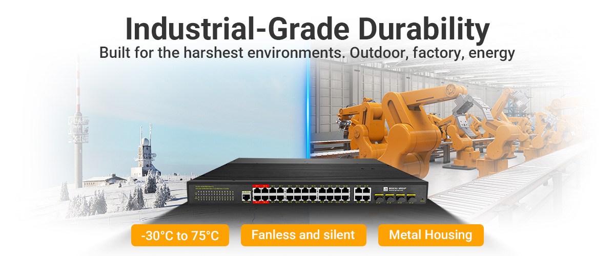 24 port gigabit managed industrial PoE++ switch operates efficiently in extreme temperatures ranging from -30°C to 75°C