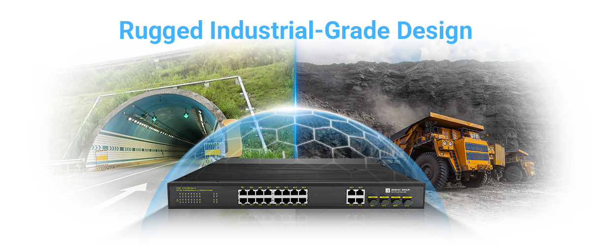 16 port industral PoE switch features a durable metal housing