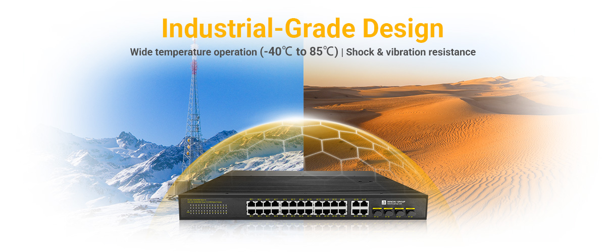 24 port industrial PoE switch is built to withstand the rigors of industrial environments 24 port industrial PoE switch is built to withstand the rigors of industrial environments