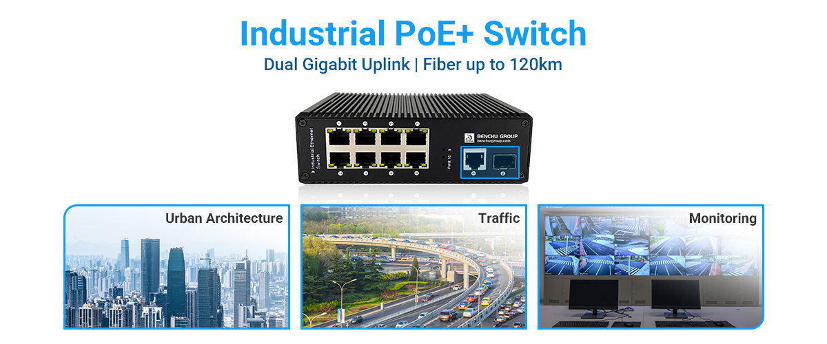 Industrial PoE switch features 1 ethernet RJ45 port and 1 SFP fiber uplink ports with Gigabit transfer rates Industrial PoE switch features 1 ethernet RJ45 port and 1 SFP fiber uplink ports with Gigabit transfer rates