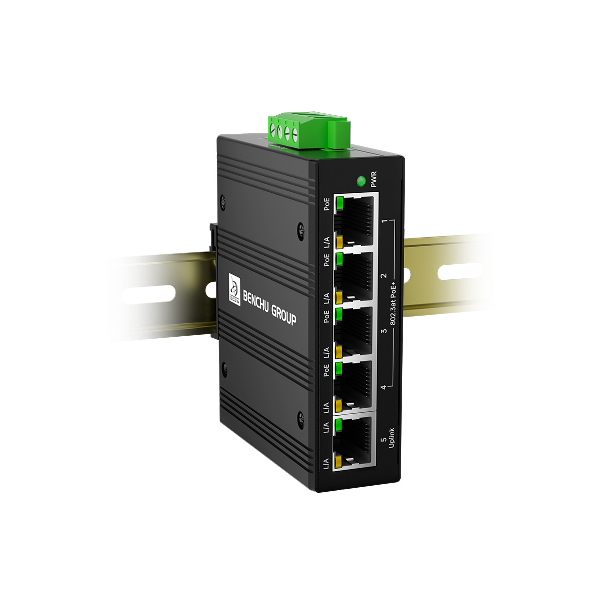 Side view of a 5-port industrial Boost PoE switch being mounted onto a standard DIN rail, showcasing the metal enclosure and top-located ports.