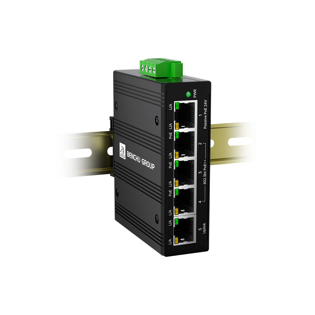 Main product image of a 5-port hybrid industrial PoE switch, supporting both 24V passive PoE and standard IEEE 802.3af/at PoE output, featuring a fanless aluminum housing with an IP40 rating for harsh environments.