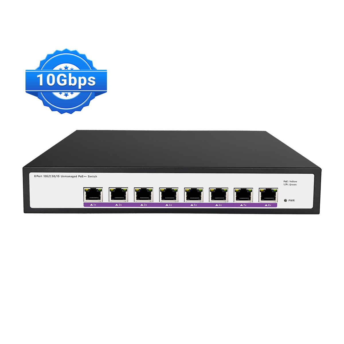 Front view of an 8-port 10G PoE++ switch showing port layout and LED indicators.