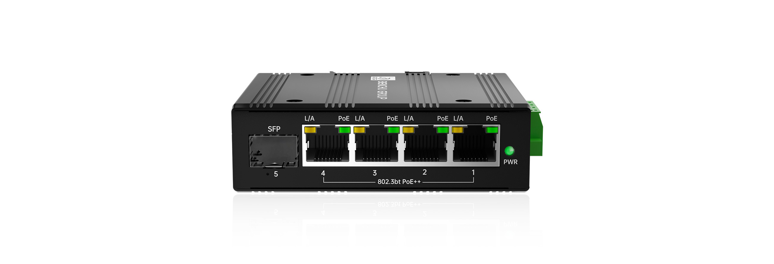 Compact 90W solar-powered industrial PoE++ switch with fiber uplink, showcasing 4 gigabit 802.3bt PoE++ ports, 1 gigabit SFP slot, and 12V/24V to 48V DC-DC booster inside a tiny fanless enclosure