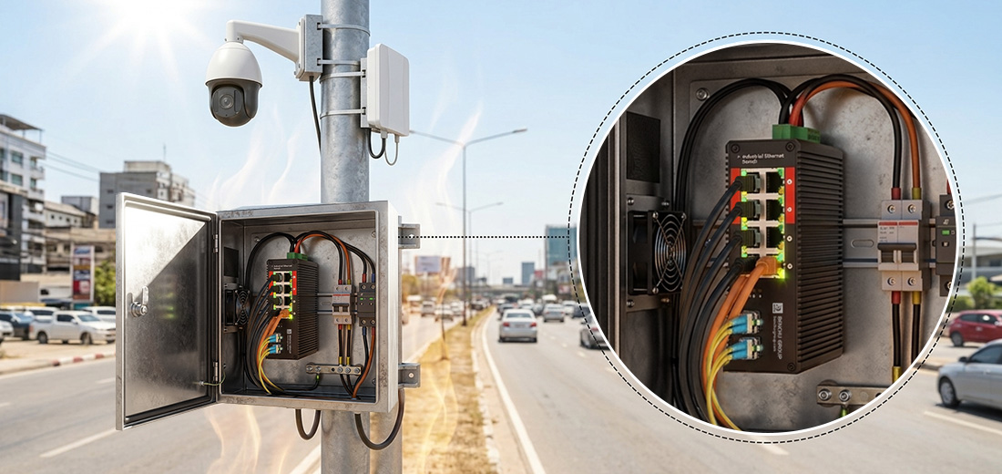 An industrial PoE++ network switch operating inside a half-open stainless steel outdoor enclosure on a surveillance pole under the hot sun, featuring a circular call-out close-up of horizontal DIN-rail vertical mounting, thick Ethernet cables, and LC duplex fiber connections with heat-shimmer waves