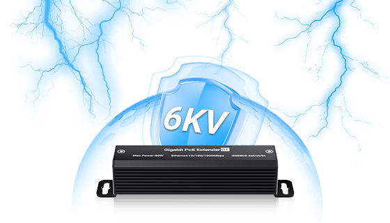 Integrated 6KV surge suppressor protecting industrial poe repeater against lightning strikes and static.