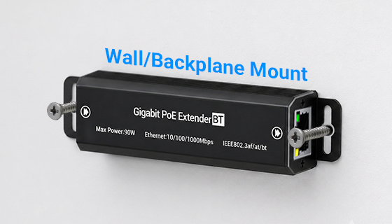 Industrial 90W PoE repeater with heavy-duty wall-mount flange ears for surface screw installation in outdoor cabinets.