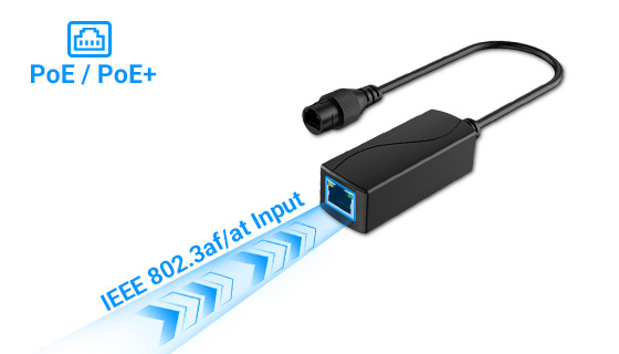 IEEE 802.3af/at Active PoE Input Port Active PoE to 24V converter receiving standard IEEE 802.3af/at power over Ethernet input from upstream switch.