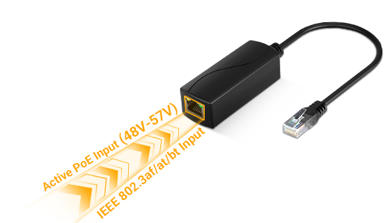Industrial active-to-passive PoE converter receiving IEEE 802.3af/at/bt compliant 48V-57V power from standard PoE switch with hardware handshake detection.