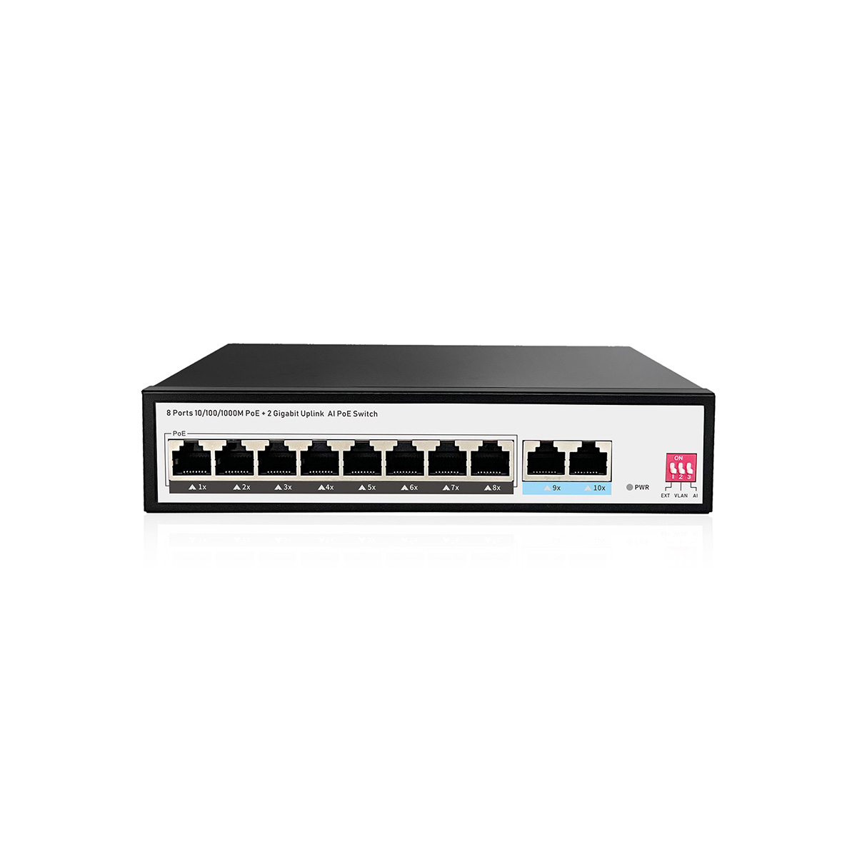 Front view of an 8-port Gigabit PoE switch with 2 Gigabit uplink interfaces