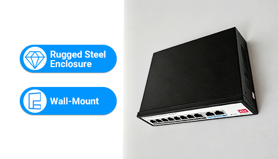 Durable metal housing ethernet switch with integrated wall-mounting brackets for compact and secure field installation.