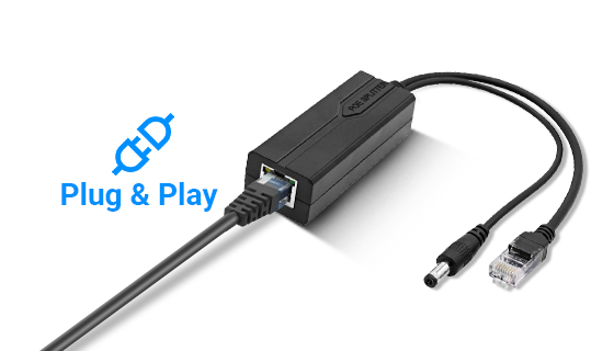 Plug and play 24W Gigabit PoE splitter installation requiring zero software configuration or network setup.