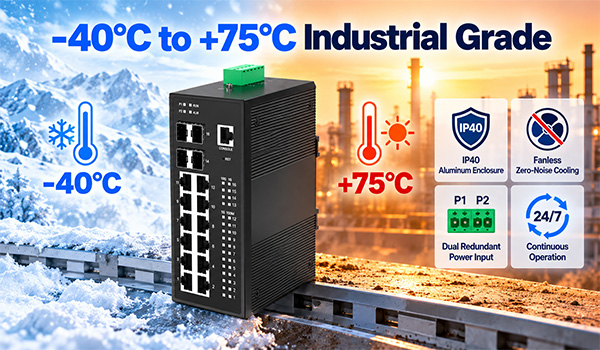 Industrial-grade TSN switch operating from -40 to 75 degrees Celsius with fanless aluminum IP40 enclosure and dual redundant power input for harsh factory environments.