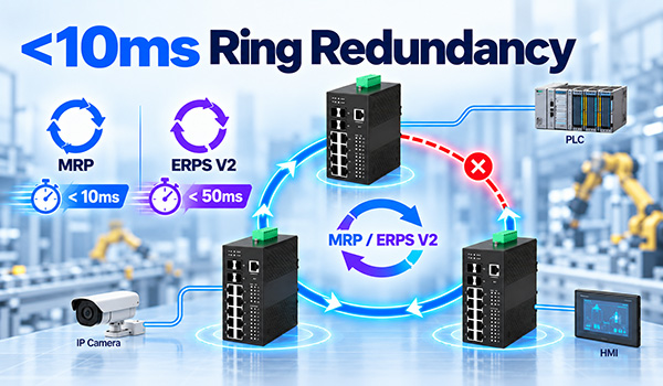 ERPSv2 and MRP ring redundancy protocol on TSN switch achieving less than 10ms recovery for industrial network high availability.