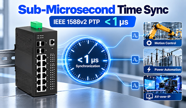 IEEE 1588v2 PTP precision time protocol on TSN switch achieving sub-microsecond synchronization for motion control and power automation.