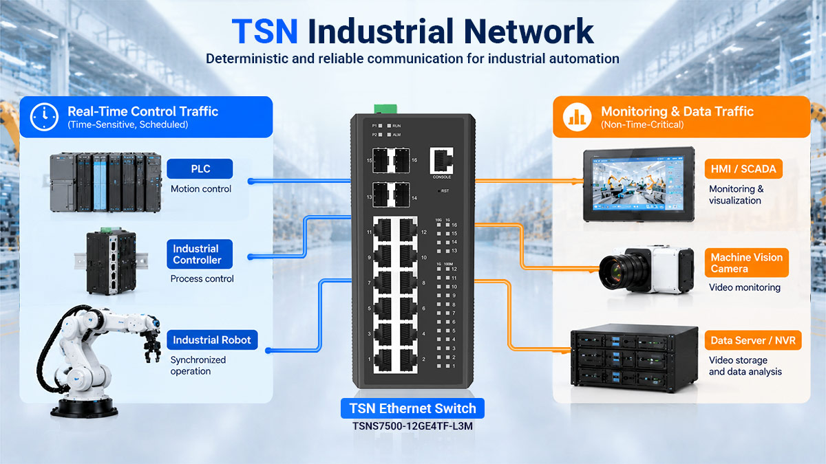 Industrial network application illustrating when to use a conventional managed Ethernet switch or a TSN switch